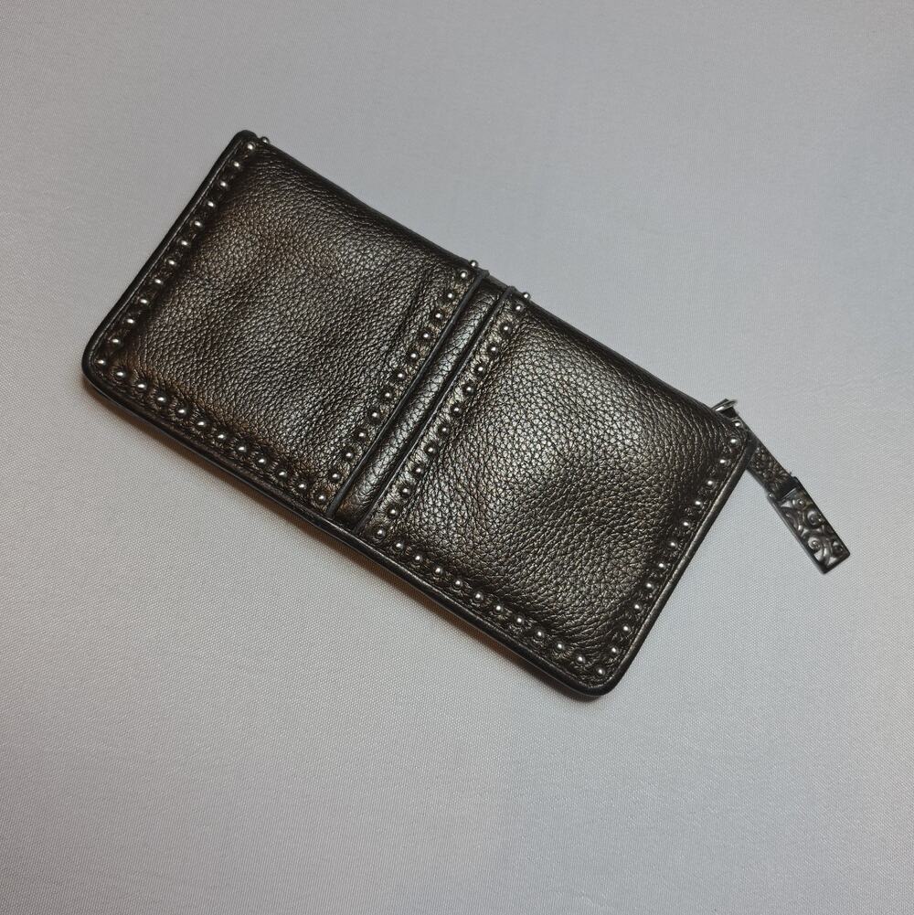 Brighton Wallet Pretty Tough Heritage Collection Pewter Silver Studded Gray Zip